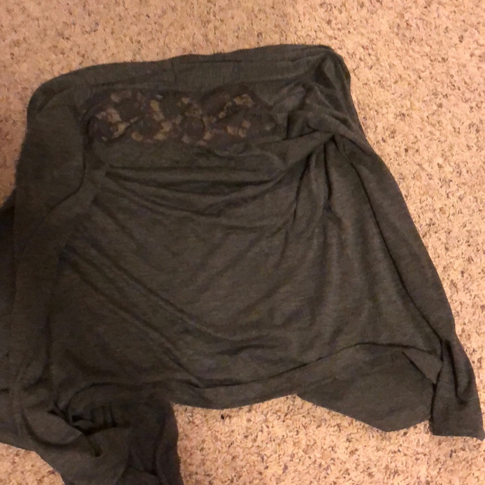 A dark gray cardigan with a lacy back